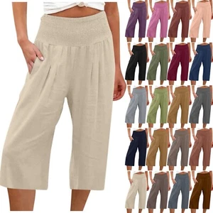 Women's Solid Color Casual Elastic High Waist Solid Color Cropped Capri Pants - Picture 1 of 64