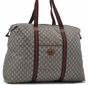 Authentic GUCCI GG Plus Web Sherry Line Travel Bag PVC Leather Brown D2906
