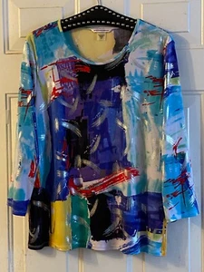 Allison Daley Sz L Knit Pullover Dressy Blouse 3/4 Sleeve Multi/Silver Abstract - Picture 1 of 9