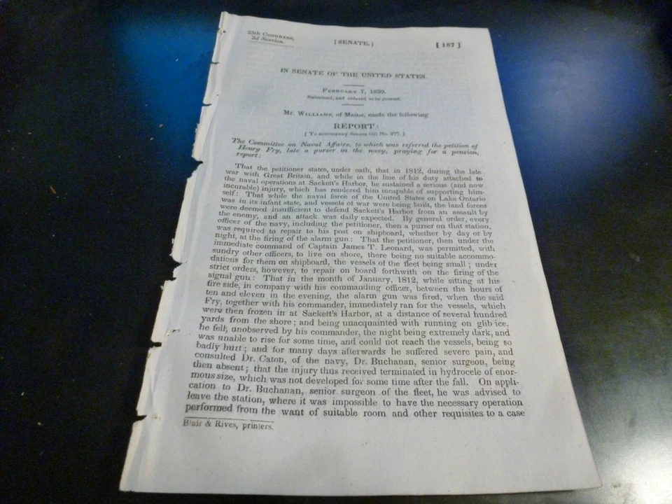 Government Report 1839 Henry Fry Purser US Navy Sackett's Harbor War Of 1812 - Image 1 of 1