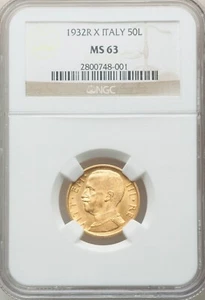 ITALY , GOLD 50 LIRE VITTORIO EMANVELE III 1932 R X - NGC MS 63 , RARE7 - Picture 1 of 2