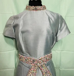 Vintage Pale Blue Taffeta Cocktail Dress Diamond Flowers Belt Beads Rhinestones - Picture 1 of 8