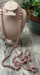 VTG Gorgeous Pink Faux Pearls w/Crystal Station Beads 66” Necklace L4 - Picture 1 of 3
