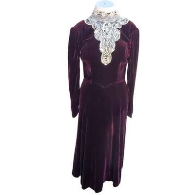 Maxi Vestido Vintage Jessica McClintock S Borgoña Terciopelo Encaje Victoriano Años 80 Gótico Foto 1 de 4