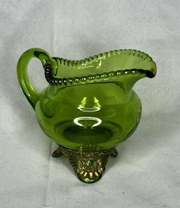 STUNNING! CUSTOMIZED/DATED! 1898 (EAPG) Green Glass Creamer In “ Lacy Medallion” - Picture 1 of 9