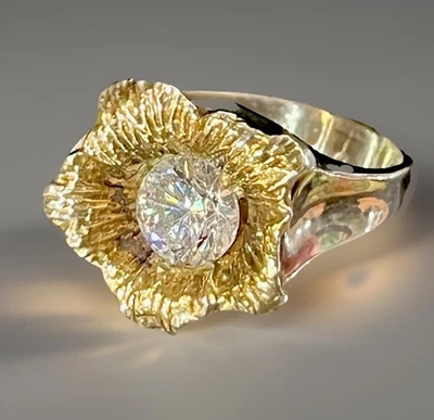 Anillo Modernista 925 Tono Oro Esterlina y Cepillado Cristal Brillante Floral Talla 6 Foto 1 de 4