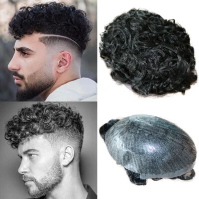 20MM Curly Toupee Men's Replacement Skin Base Wavy Hairpiece Unit Human Hair Wig - Image 1 of 4