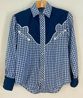 Retro Azul Personalizado Vintage Western Vaquero Rancho Ropa Rodeo Rancho Estilo Perla Snap Foto 1 de 3