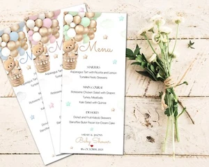 Personalised Teddy Balloon Menu Cards Baby Shower Christening Birthday - Picture 1 of 5