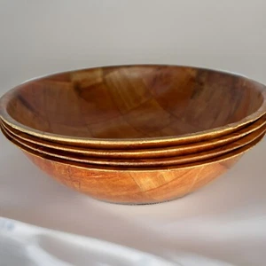 Set of 4 Vintage Woven Parquet Wood Salad Snack Serving Bowls 9” - Picture 1 of 5