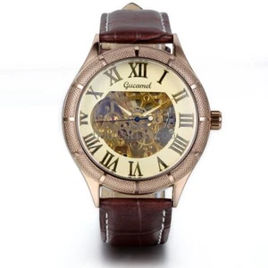 Herren Luxus goldfarben Skelett Zifferblatt mechanische Uhr Business Leder Armbanduhr - Bild 1 von 6