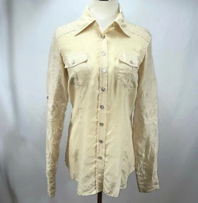 Camisa vintage DA-NANG seda bordada marfil abotonada talla XS Foto 1 de 4