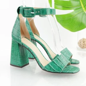 Minelli Damen Sandalen Größe 37 7 Smaragdgrün Kroko Schlag Absatz Knöchelriemen Schuhe - Bild 1 von 13