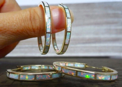 Große Opal Creolen Feueropal Huggies Opal Hoops Edelstahl Gold Opal Reifen Neu - Bild 1 von 4
