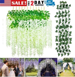12 Pack Artificial Wisteria Hanging Flowers /6.56 Feet Artificial Ivy Leave Vine - Picture 1 of 17