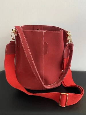 Red Faux Leather Bucket Shoulder Bag for Women - Image 1 of 2