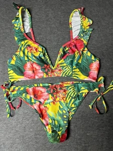 Tropical Flowers Womens 2pc Bikini Top & Colorful Adjustable Bottoms Small - Picture 1 of 5
