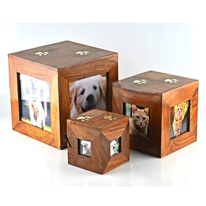 Urna de madera conmemorativa para mascotas con 4 ranuras para fotos e incrustación de latón con pata urna de recuerdo grande - Imagen 1 de 32