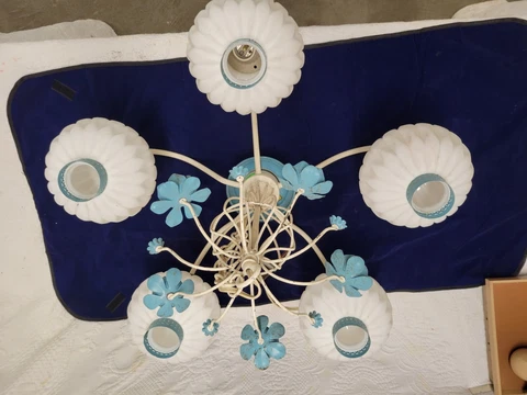 Vintage Midcentury Italian Toleware Chandelier Floral Blue Porcelain milk glass Cover