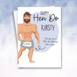 Personalisierte Happy Hen Do Karte Rubbelkarte Sexy Mann Henne Party Überraschung Braut S - Bild 1 von 6