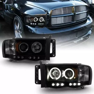 2002-2005 Dodge Ram 1500 2500 3500 LED Halo Ring Black Smoked Projector Headligh - Picture 1 of 7