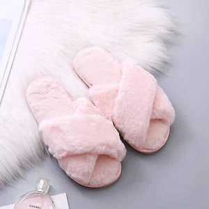 Women Fuzzy Slippers Female Flip Flops Soft Fluffy Shoes Cross Design Slides - Picture 1 of 30