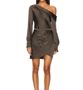 Jonathan Simkhai Brown Satin Draped Cold Shoulder Wrap Skirt Cameron Dress Sz 12 - Picture 1 of 11