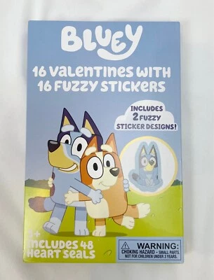 Bluey 16 Fuzzy Sticker Valentine's Day Card Exchange Class School - Image 1 of 2