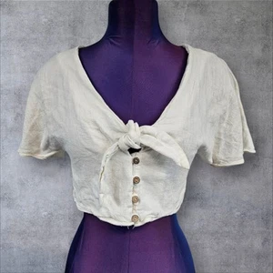 Lyon Off White Linen Flutter Sleeve Button Front Crop Top Size 8 Women's A111 - Picture 1 of 8