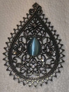 Ciondolo a goccia vintage tono argento con pietra blu e strass trasparenti grande - Foto 1 di 4