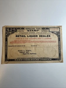 Special Tax Stamp - Retail Liquor Dealer - FYE 1937 - US Revenue - Picture 1 of 2