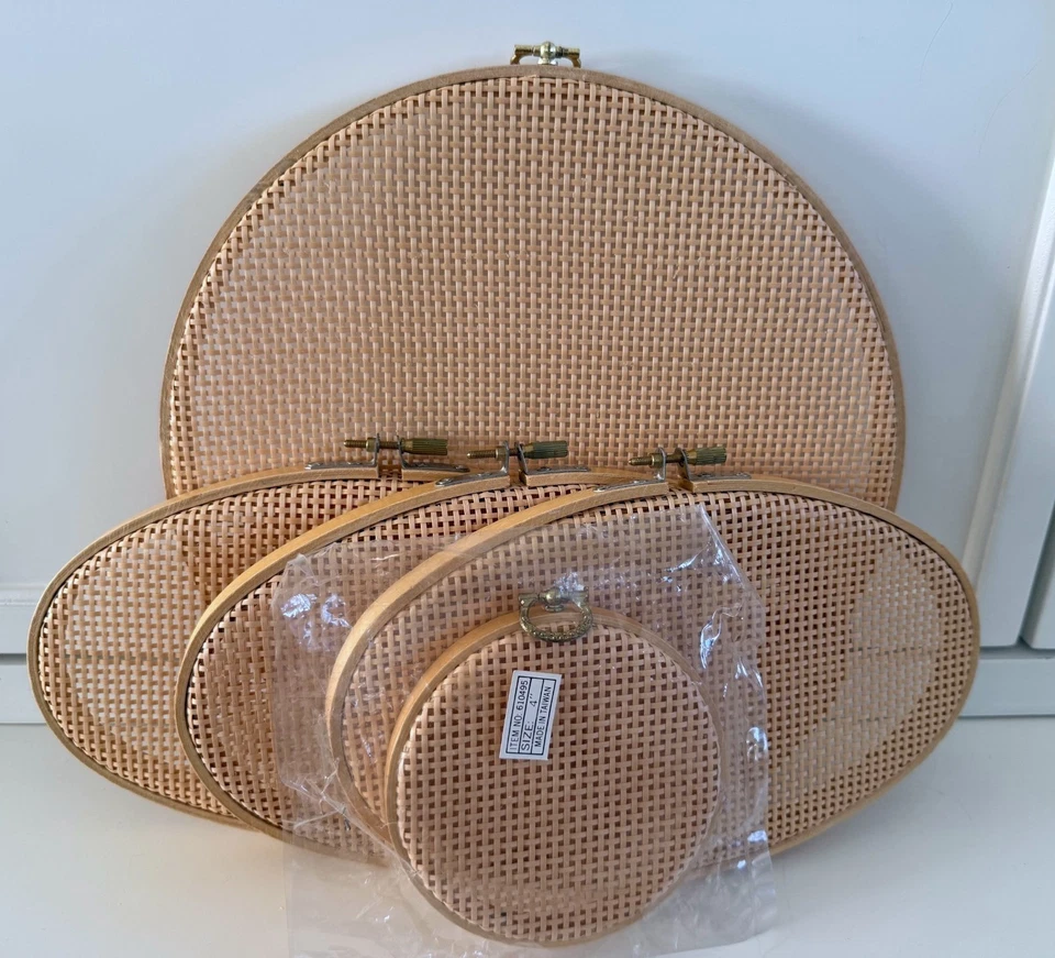 Lot of 5 NEW Vintage Rattan Cane Wicker Oval Round Embroidered Hoops - Image 1 of 1