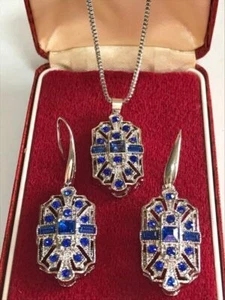 Art Deco Style Geometric Sapphire Blue Glass Crystal Earrings & Necklace Set UK - Picture 1 of 13