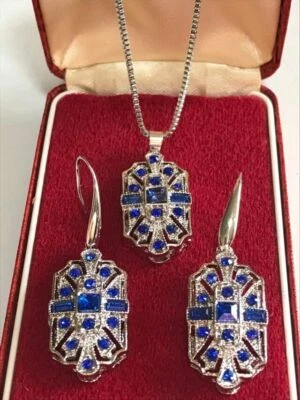 Art Deco Style Geometric Sapphire Blue Glass Crystal Earrings & Necklace Set - image 1 of 4
