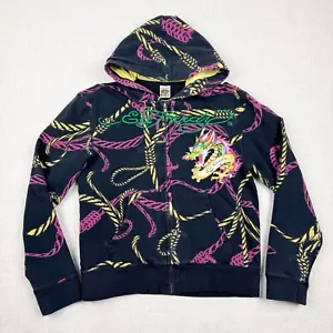 Vintage Ed Hardy Kids Hoodie Girls Size Large Black Pink Skull Zip Up Sweatshirt - Picture 1 of 14