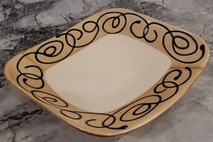 AMERICAWARE Ann Mallory Asymmetric 10"Square Tan/Black Ceramic Serving Bowl Dish - Picture 1 of 24