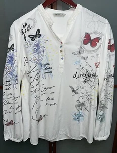 Desigual Women's Blouse White Graphic 100% Viscose Long Sleeve V-Neck Basic XXL - Picture 1 of 7