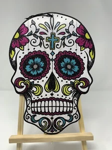 Sugar Skull Day of the Dead Glitter Wall Decor 13" x 9" Pink Flowers Hang Cord - Picture 1 of 3