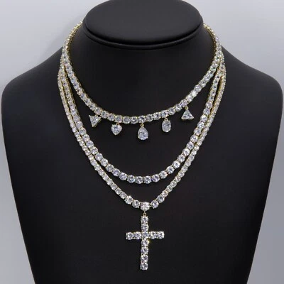 Triple-Strand Dangling Cross CZ Tennis Necklace Yellow White Sterling Silver 925 - Image 1 of 4