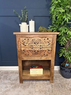 Hand-Carved Wooden Bedside Table | Rustic Boho Nightstand | Solid Wood Furniture - Image 1 of 4