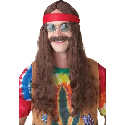 Conjunto divertido de peruca e bigode hippie masculino - Perfeito para festivais e festas - Imagem 1 de 2