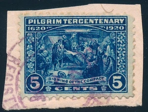 US Stamp Scott 550, 5c Pilgrim Tercentenary, Fine Used on piece, Value $12.50 - Picture 1 of 1