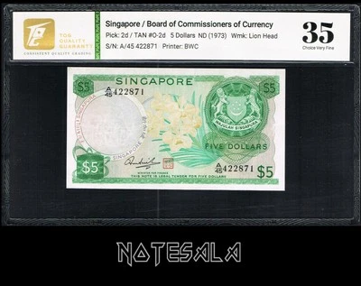 SINGAPORE SINGAPUR 5$ DOLLARS ND (1973) Pick-2d TQG 35 S/N A/45 422871 - Image 1 of 2