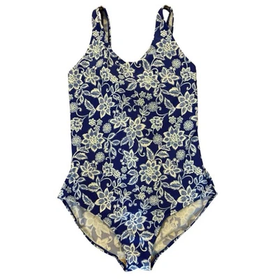 Bathing Suit LL Bean One Piece Swim 20W Womens UPF 50+ Built in Bra Blue Floral - Image 1 of 4
