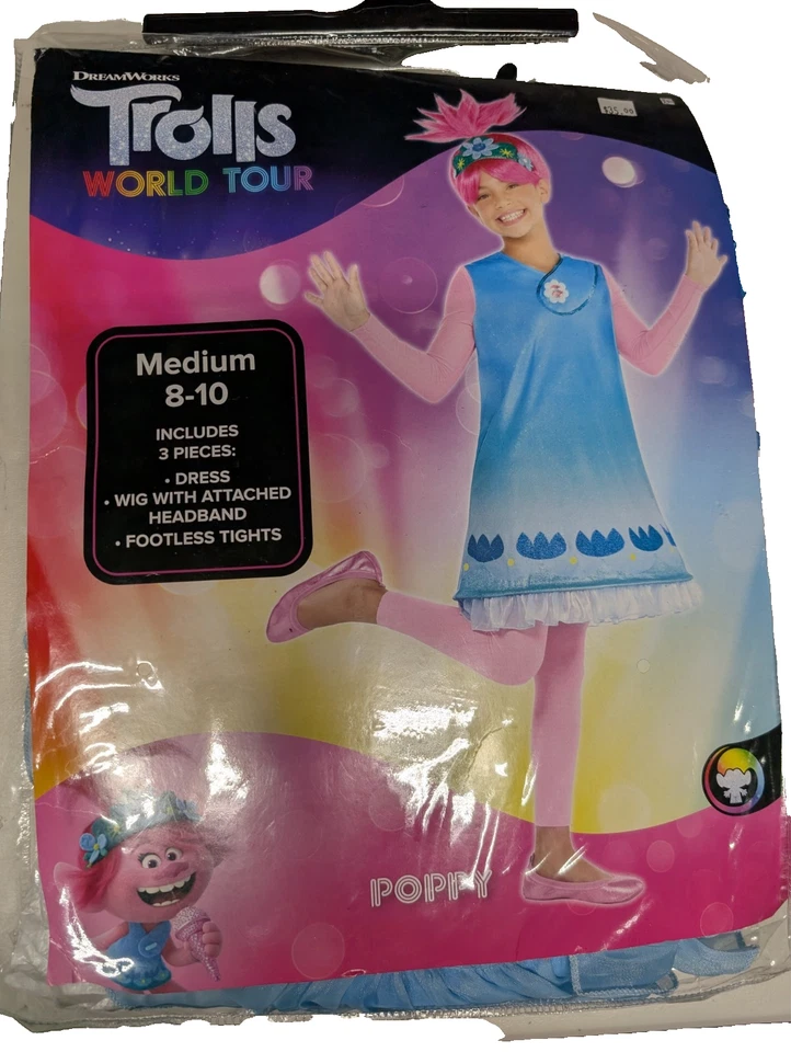 Trolls 2 世界巡回赛罂粟儿童服装带假发全新 M 码 8-10 万圣节 — 第 1/1 张图片