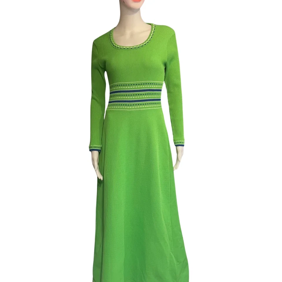 Vintage 1960s Lime Green Knit Maxi Dress Long Sleeves Scoop Neck Sz M - Image 1 of 4