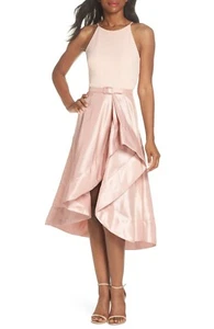 ELIZA J Blush Pink Belted Taffeta Scuba Crepe High Low Tea Length Midi Dress 14 - Picture 1 of 6