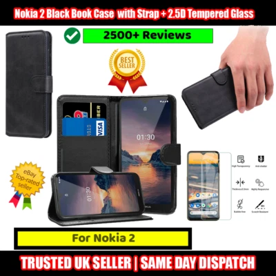 Nokia 2 Black Book Case Flip with Strap + 2.5D Tempered Glass Protector - Image 1 of 4