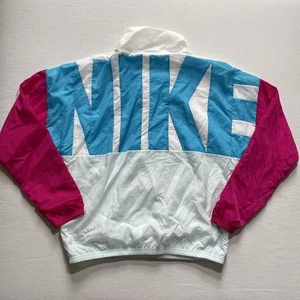 Nike Windbreake Jacket Mens Small White Pink Blue Colorblock Full Zip Big Logo - Picture 1 of 11
