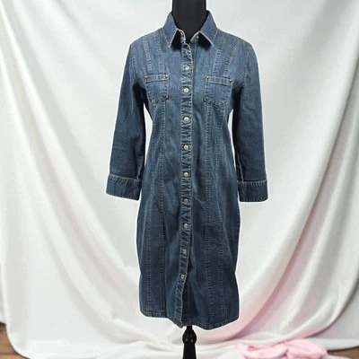 Vintage Old Navy Denim Shirt Dress Woman 4 Blue Stretch Snap Closure Y2K 2004 - Image 1 of 4